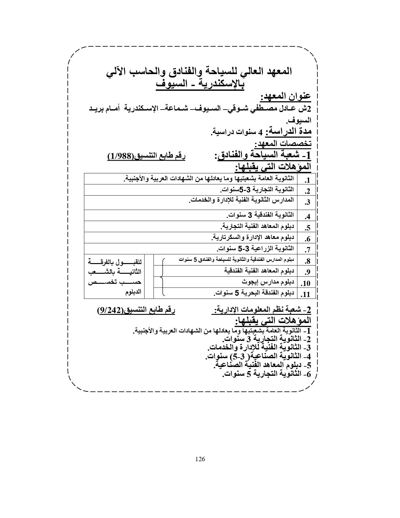 المعهد العالى للسياحة والفنادق والحاسب الآلى السيوف الإسكندرية «مصاريف ومعلومات»