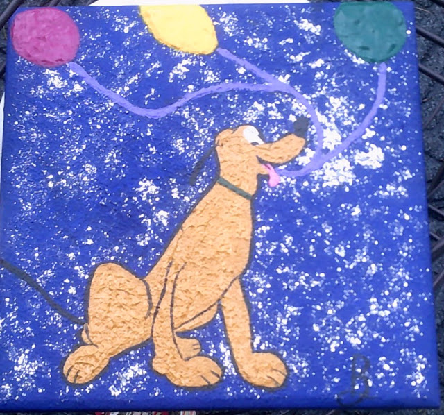 painting of Pluto dog holding balloons