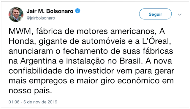 Bolsonaro comemora fechamento de fábrica da Honda na Argentina e transferência para o Brasil 