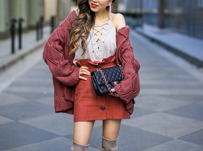 chicwish Your Own Dashing Open Front Hooded Cardigan in Red Brown, topshop button skirt, lace up cami, baublebar earrings, chanel classic flap bag, stuart weitzman over the knee boots, spring outfit ideas, san francisco fashion blog