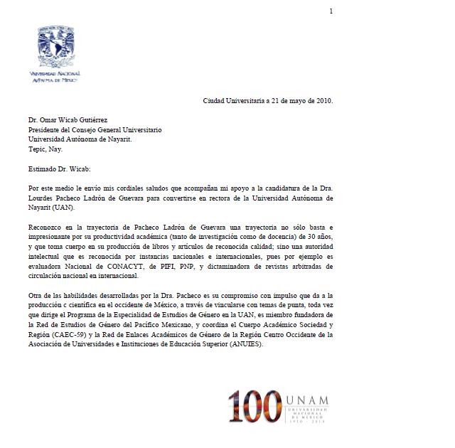 Dra. Lourdes Pacheco: Carta Asesora Académica UNAM