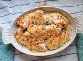 Food Lust People Love: A sort of upside down fish pie, this Parmesan Grouper Potato Casserole starts with sliced potatoes on the bottom.  It is topped with tasty grouper then with a cheesy, creamy sauce that sort of melts down to the potatoes while simultaneously clinging in golden crunchiness to the top of the fish. Divine!