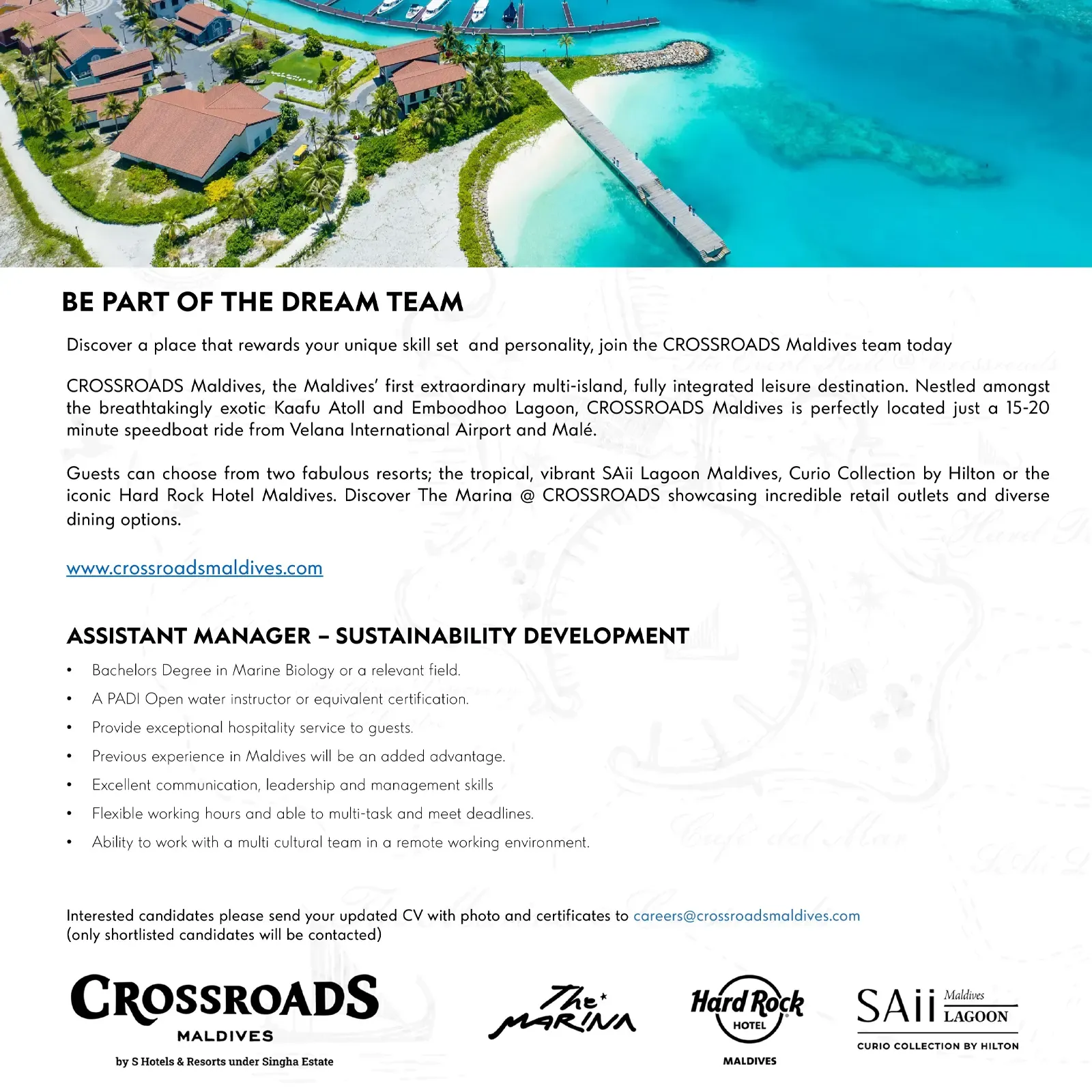 image of Assistant Manager - Sustainability Development Job Vacancy at Crossroads Maldives job advert