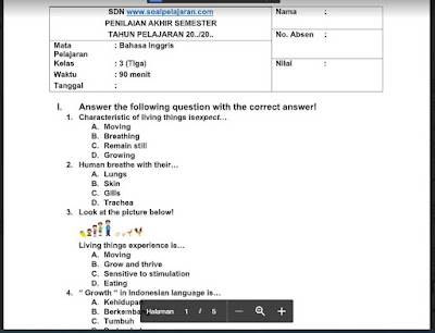 Soal PAS Kelas 3 Bahasa Inggris Semester 1 Kurikulum 2013