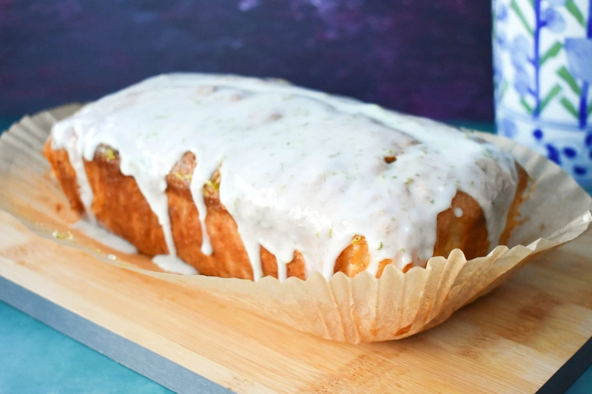 Coconut cake topped with lime icing.