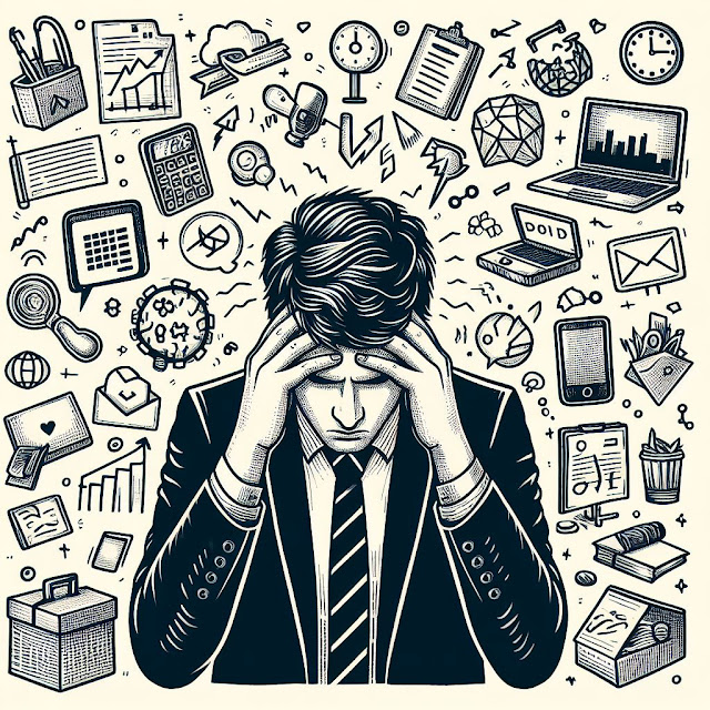 Mental health at work: Businessman surrounded by stress icons