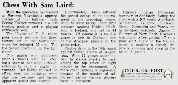 15-year-old U.S. champion, Bobby Fischer, scored perhaps his finest victory yet.