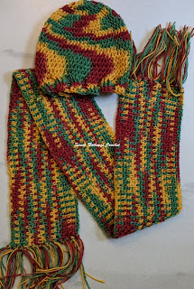 Sweet Nothings Crochet free crochet pattern blog, free pattern for a scarf and cap, photo of the scarf and cap,