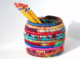 colorful pencil cup made from yarn