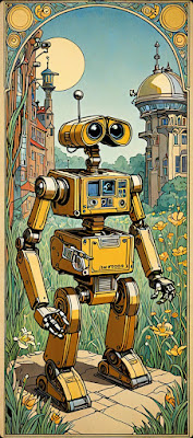 Door AI gegenereerde afbeelding van WALL-E. Afbeelding in de Art Nouveau-stijl van Jan Toorop.