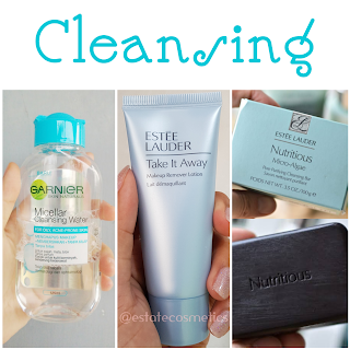 Garnier Micellar Water, Estee Lauder Take It Away Makeup Remover Lotion, Estee Lauder Cleansing Bar