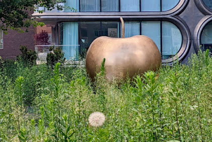 A bronze apple rising from a grassy field
