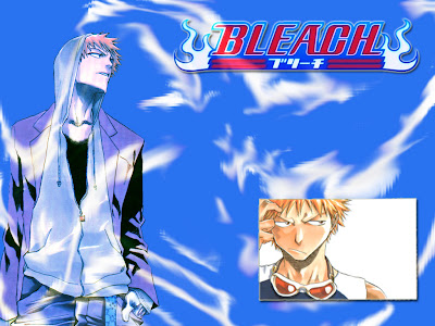 Bleach Wallpaper 1024 768 - Kurosaki Ichigo Wearing Poncho Blue Bleach Logo Background