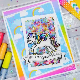 Sunny Studio Stamps: Prancing Pegasus Banner Basics Fancy Frame Dies Birthday Shaker Card by Ana Anderson