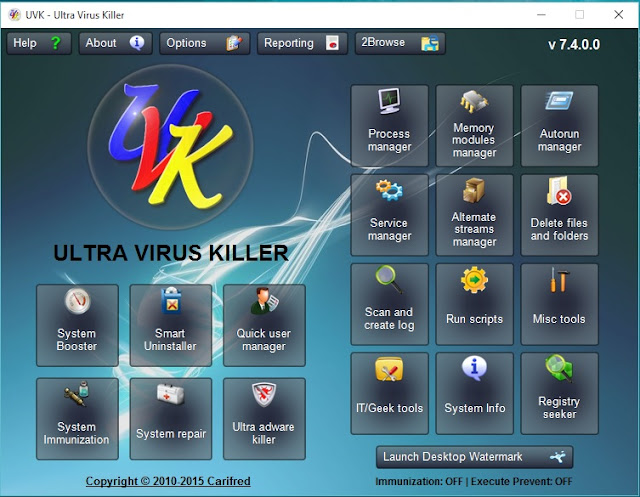 برنامج مجاني لإكتشاف وإزالة البرامج الضارة وإصلاح جهاز الكمبيوتر Ultra Virus Killer 7.4.0