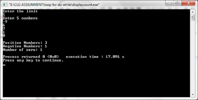 Display count of positive, negative and zeroes,in c programming  language,loop control,while loop