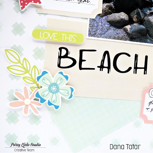 Beach life summer scrapbook layout with die-cut embellishments created with the new Hey Summer collection by Ashley Horton for Pretty Little Studio.