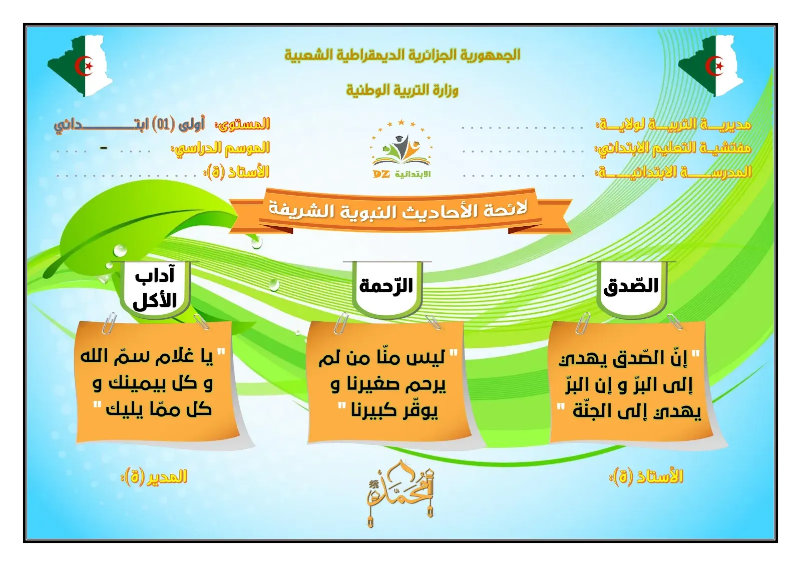 لائحة الأحاديث النبوية الشريفة - النموذج 02 - 01 ابتدائي