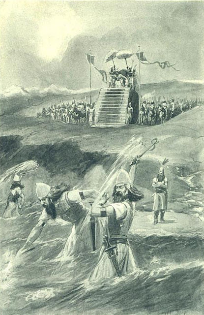 Ксеркс присутствует на порке и «заковывании» Геллеспонт (иллюстрация 1909 г.).
