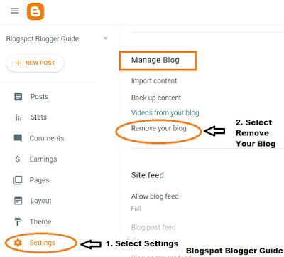 to delete a blogger blog choose settings, then find remove your blog in the manage blog section in Blogger
