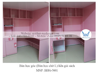 Bàn học góc liền giá sách (bàn học chữ L) chủ đề Mèo Hello Kitty MSP:BHG-N01