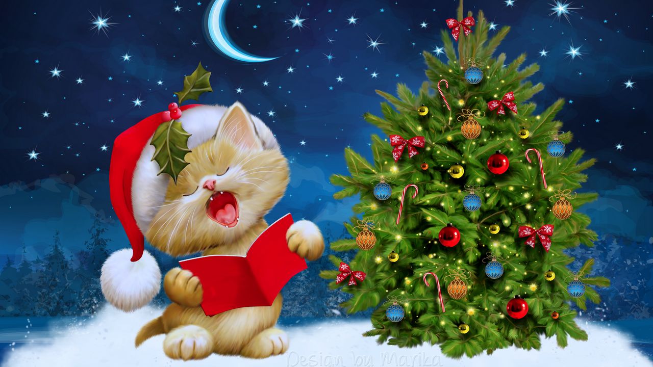 Wallpaper New Year Christmas Cat Card