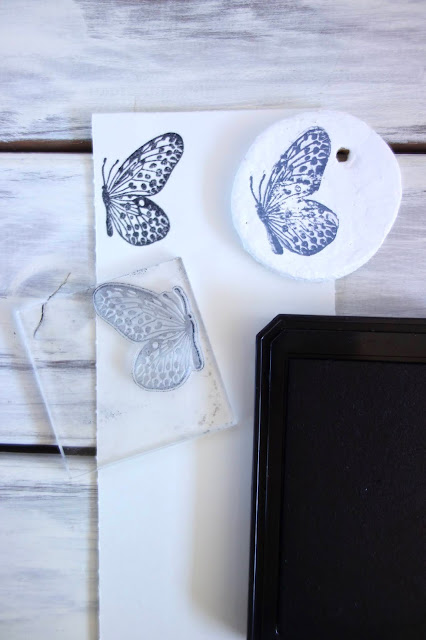 butterfly wall hanging, butterfly-inspired crafts, nature-inspired crafts, salt dough, rubber stamps and ink pad, blah to TADA