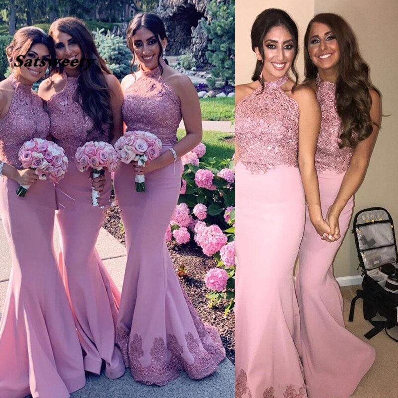 Blush Pink Mermaid Bridesmaid Dresses Halter Beaded Floor Length 2023 New African Maid Of Honor Dress Plus Size Wedding Guest Dress