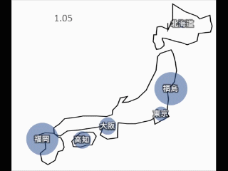 日本地図上でモーションバブルチャートの例