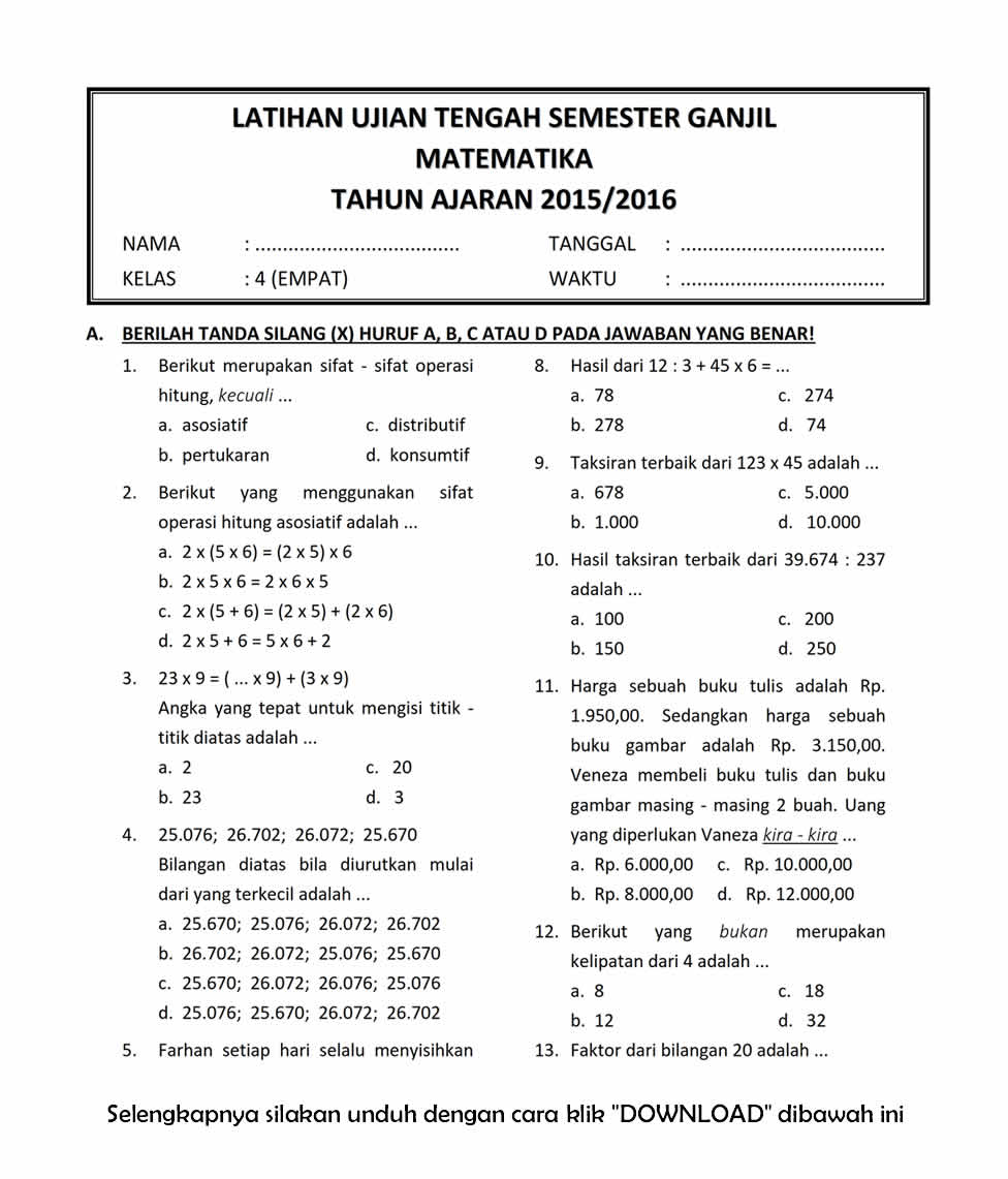 Download Soal UTS Ganjil Matematika Kelas 4 SD T.A 2015/2016 ~ Rief Awa Blog : Download Kumpulan 