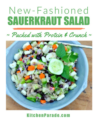New-Fashioned Sauerkraut Salad ♥ KitchenParade.com, a classic sauerkraut salad recipe, lightened, brightened. With vegetables, hominy and black beans.