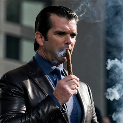 Donnie Trump Jr wearing a black leather blazer and smoking a cigar