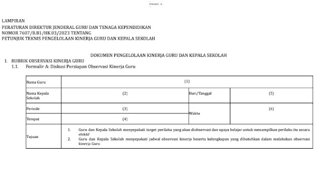 Contoh Lengkap Format Lembar Observasi Pelaksanaan Kinerja Guru di PMM