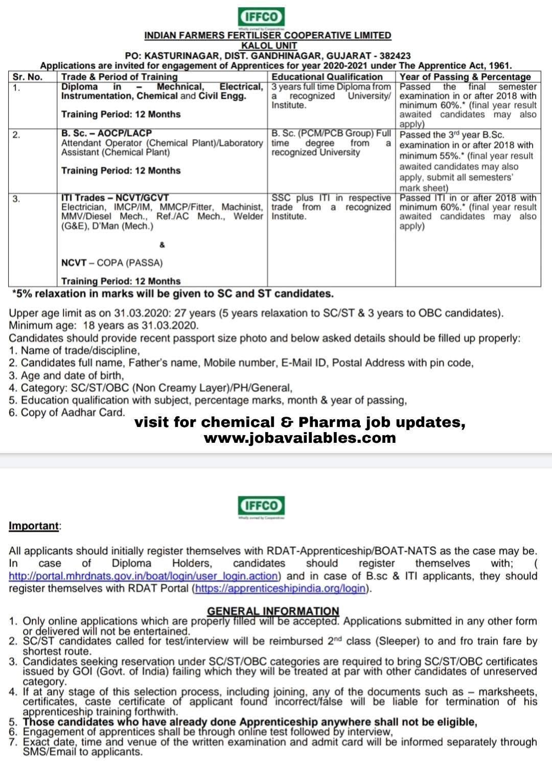 Job Availables, IFFCO Job Opening For Fresher Diploma Chemical/ Mechanical/ Electrical/ Civil/ Instrumentation/ BSc/ ITI