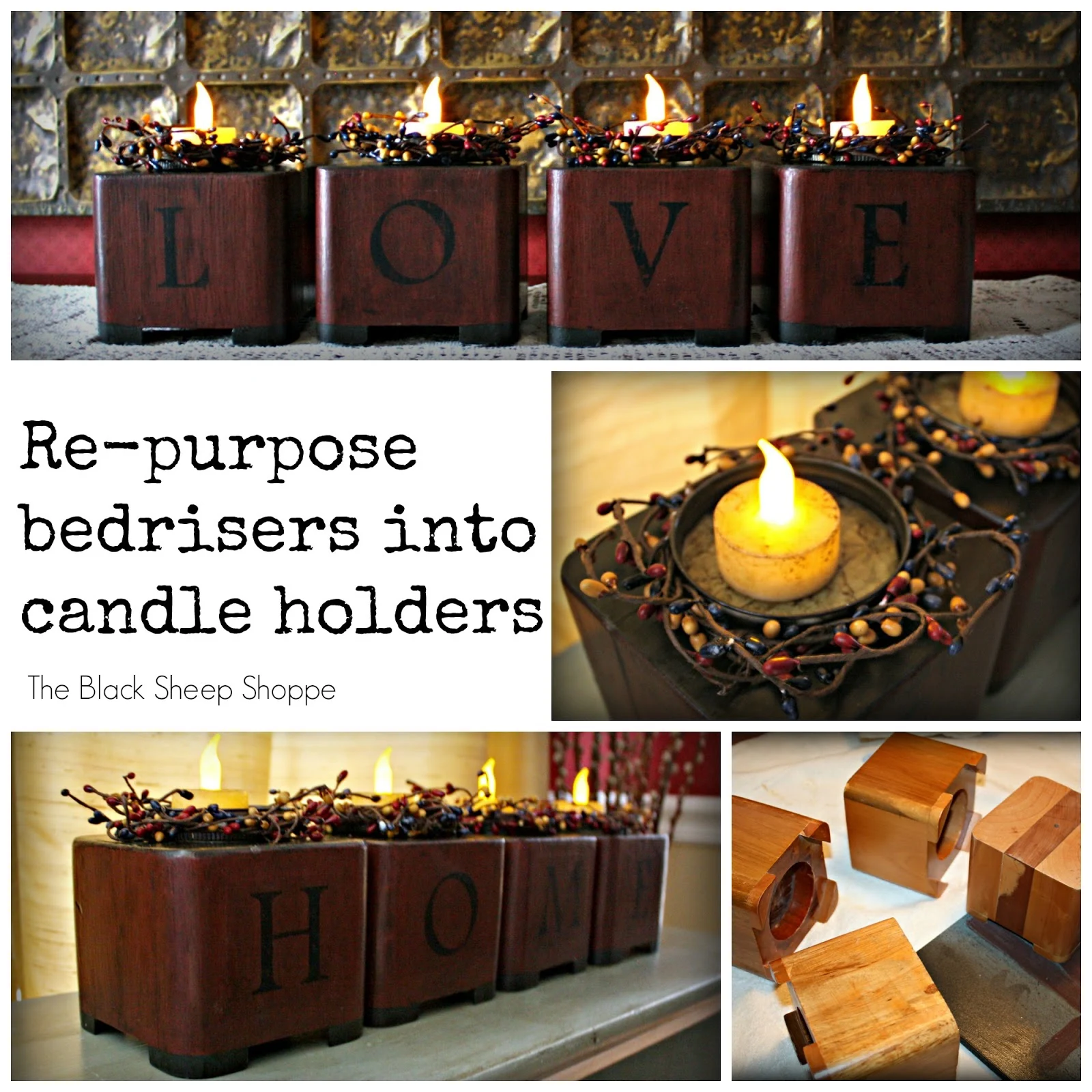 Bed risers re-purposed into candle holders