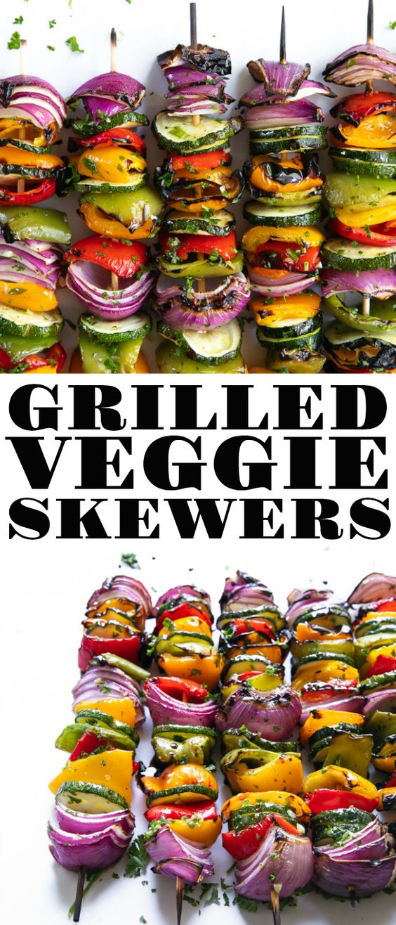 These easy Grilled Veggie Skewers are perfectly charred, drizzled with tangy balsamic vinegar and brushed with a fresh garlic herb sauce. Made with red onion, zucchini, and colorful bell peppers, these delicious vegetable skewers cook evenly thanks to their similar cooking time.