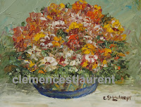 Heart-warming bouquet, a 4 x 5 oil painting of orange, yellow and red flowers by Clemence St. Laurent