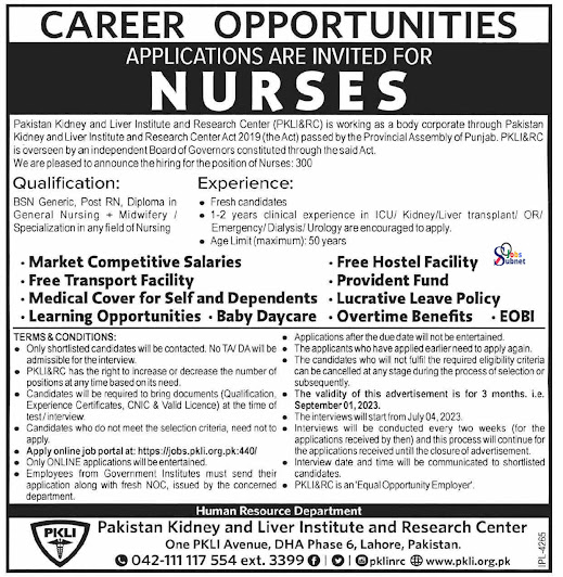 Nurses Jobs At Pakistan Kidney & Liver Institute & Research Centre (300 Post)
