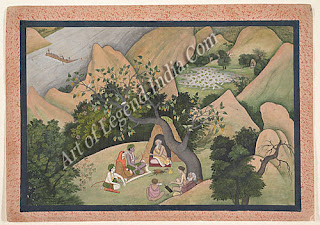 Rama, Sita and Lakshmana on the banks of the river Godavari
