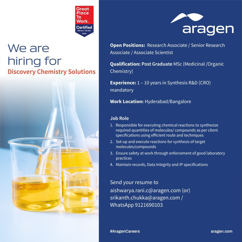 Job Availables, Aragen Job Vacancy for MSc Medicinal/ Organic Chemistry