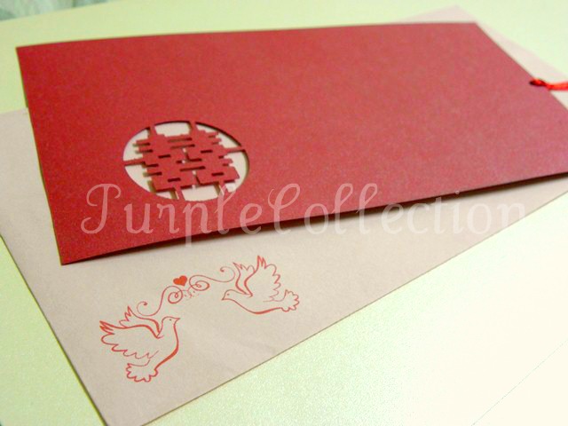 Double Happiness Chinese Wedding Card, Sliding Pocket, inlay sheet insert in the pocket, red matallic card, hot stamping font on front card, red, ribbon, red card, ribbon card, double happiness, double happiness card, chinese wedding card, wedding card, marriage, card