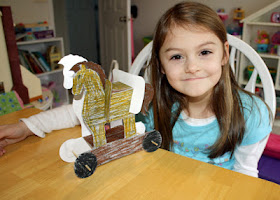 Tessa's completed Trojan Horse paper craft. She colored it and then helped put the wheels on. I did the cutting and most of the assembly to save on time and frustration.