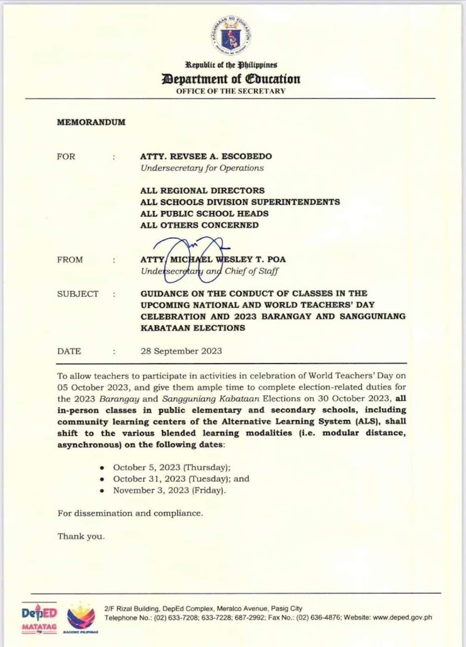 Guidance on the Conduct of Classes in the upcoming National and World Teacher’s Day Celebration and 2023 Barangay and Sanguniang kabataan Elections | Download the DepEd Memo