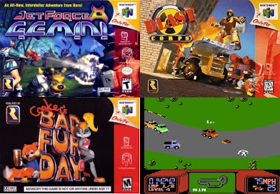 Box art for Nintendo 64 games Jet Force Gemini, Blast Corps., Conker's Bad Fur Day, and screenshot of R.C. Pro-Am for NES