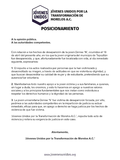 Posicionamiento: respecto de la desaparición forzada de la joven universitaria originaria de Tepoztlán, Morelos.