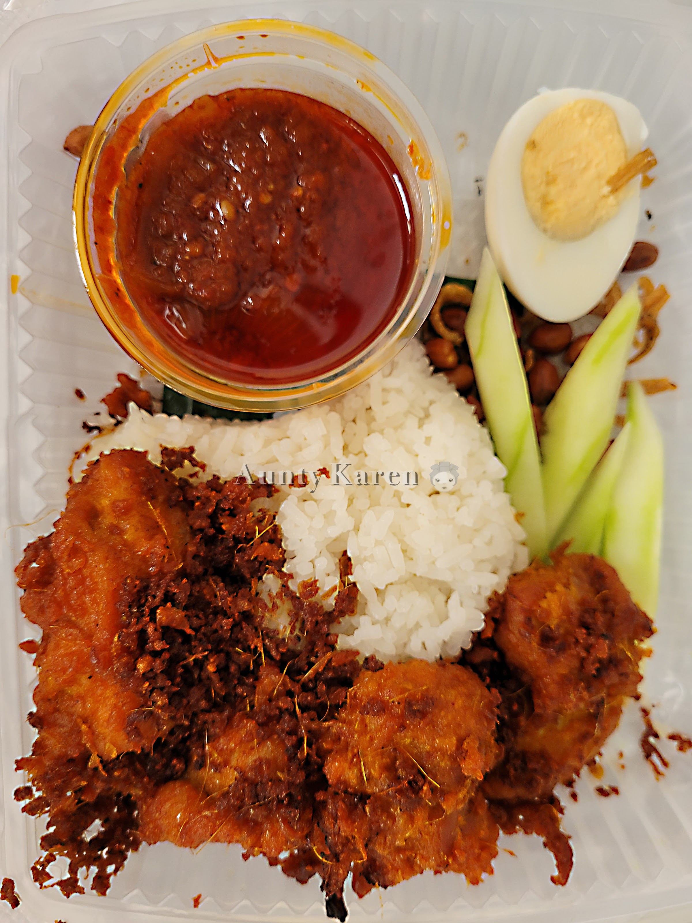 Close-up of plastic container with nasi lemak and chicken rendang and other ingredients from Dickson Nasi Lemak