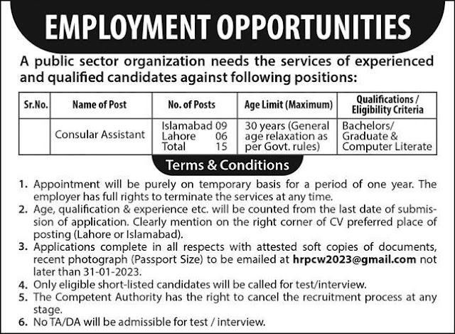 Consular Assistant Public Sector Organization Jobs 2023- Apply via hrpcw2023@gmail.com