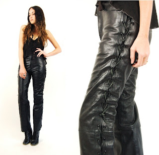 Vintage 1980's black leather lace up high waisted motorcycle pants.