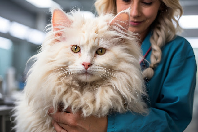 Kucing Angora sedang menjalani pemeriksaan kesehatan oleh dokter hewan profesional