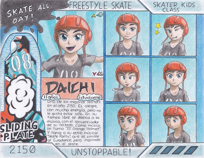 Daichi, niño skater. Sliding Plate, un juguete skateboard,  como niño anime.